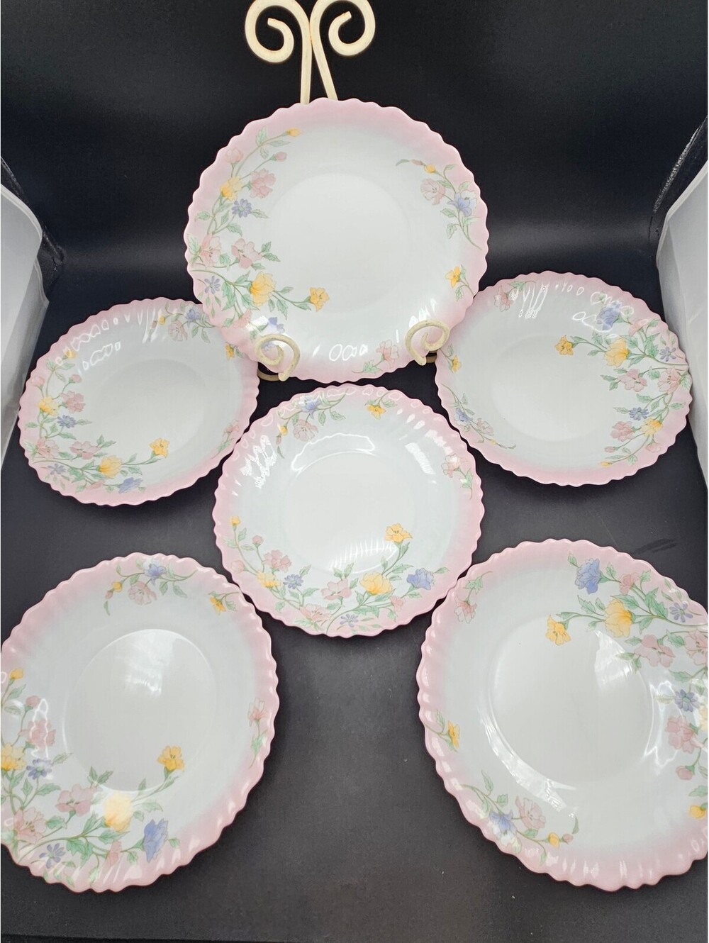 Vtg Arcopal France Elise Pasta Soup Bowls Set of 6 Pink Ombre Rim Floral 8.25"